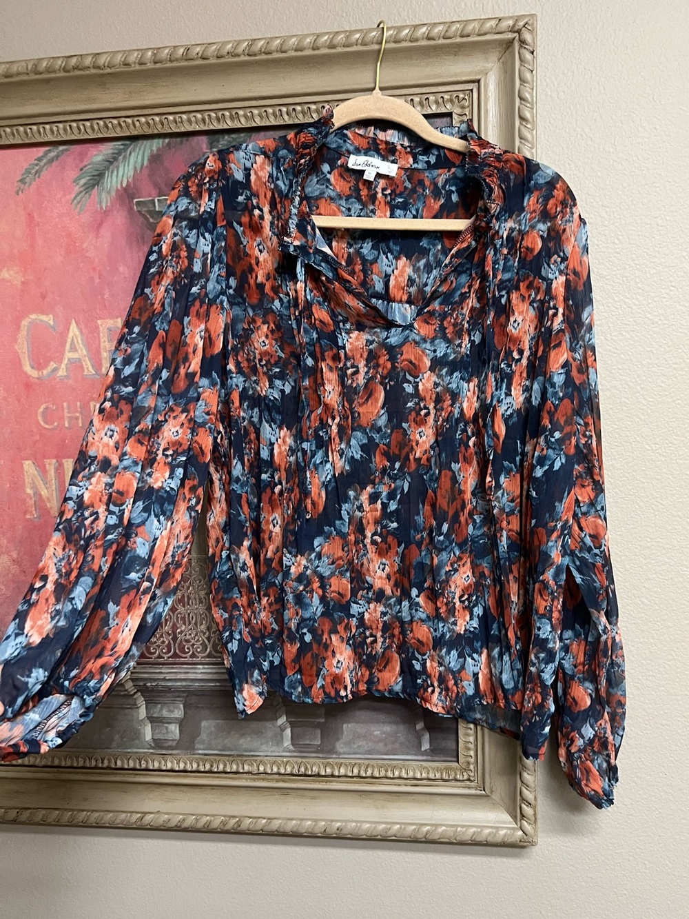 Sam Edelman Navy and Orange Floral Long-Sleeve Blouse